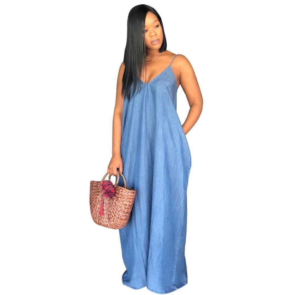 Casual solid loose Denim maxi long women